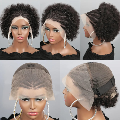 Afro Puff 13x4 Lace Frontal Human Hair With Pre Made Cornrow Braided Kinky Curly Wig With Baby HairHair Wig for Woman