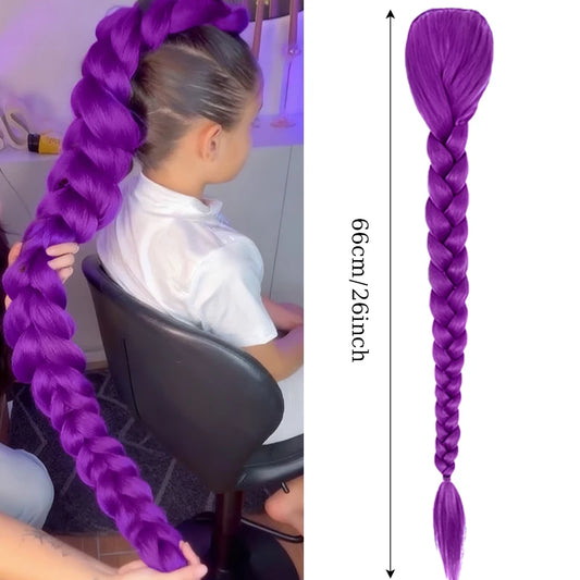 Synthetic Braided Purple Hair Ponytail Rumi Costume Hairstyle 26inch Long Ponytail with Clips for Kids Girls Halloween Christmas