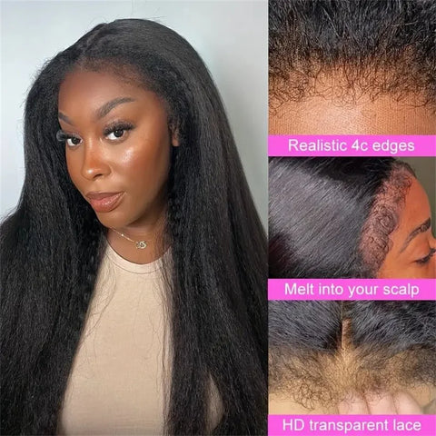 Yaki Straight 13x4 HD Lace Front Human Hair Wigs Kinky Straight Lace Frontal Wig 100% Human Hair 4C Edges Curly Human Hair Wigs
