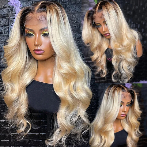 13x6 Lace Frontal Wig Brazilian Straight Human Hair Wig 2 Tone Dark Root 1B 613 Ombre Blonde Lace Front Wigs For Black Women 40"
