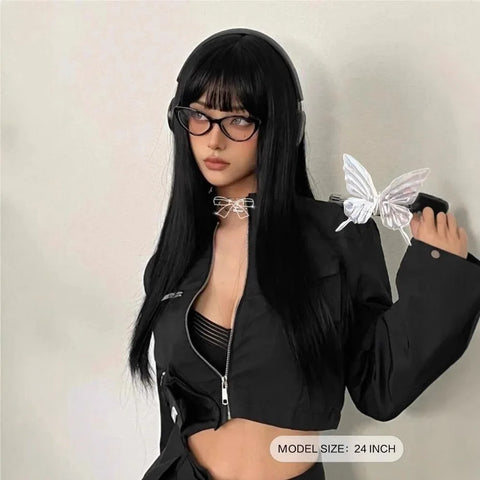 24 "black synthetic wig with straight bangs long straight wig for Halloween cosplay daily wear a high temperature silk wig