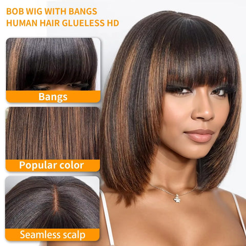 200% 16 Inch Highlight Short Bob Wigs 13X6 Straight Hd Lace Front Ombre Brown Frontal Glueless Bob Wig Human Hair Ready to Wear