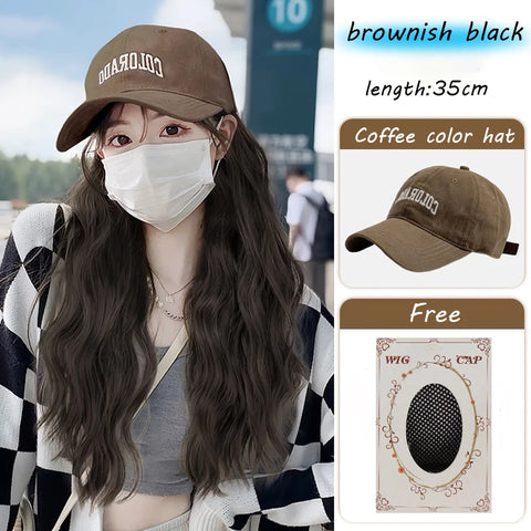Long Wavy Synthetic Wig Baseball Rice Black Cap With Hair Extensions Hat Wigs Natural Black Connect Wig Adjustable For Women