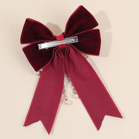 Elegant Red Bow Hair Accessories Sweet Faux Pearls Pendant Hair Clips Ponytail Barrette For Women Girls Fall＆Winter Hedwear