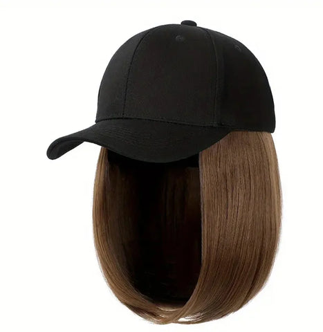 Hat Wigs Synthetic Short Bob Straight Wig With Black Baseball Cap Adjustable Hat Wigs Straight Hair Extensions For Women Fashion