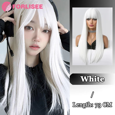 FORLISEE Ombre Black Pink Synthetic Wigs For Cosplay Long Straight Layered Wigs With Bangs For Women Heat Resistant Fake Hair