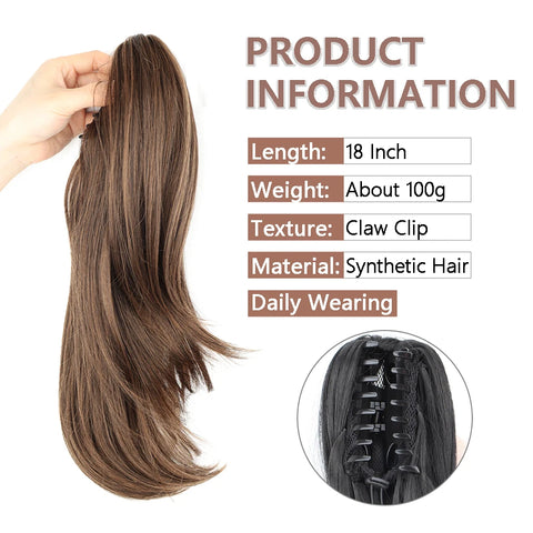 Synthetic Claw Clip Ponytail 18Inch Long Wavy Black Brown Heat Resistant Type Layered Horse Tail  Hair Extension