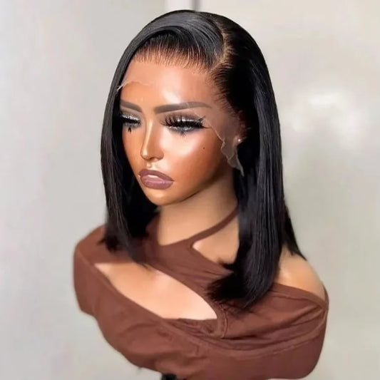 250% Density Glueless Bone Straight 13x6 Short Bob Half Lace Front Wig HD Frontal Braided Black 100% Human Hair Wigs