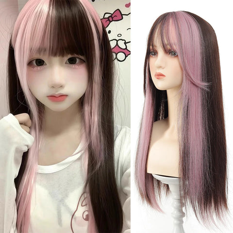 Synthetic 24 inch Loiita Black Pink Tousled Long Straight Wig Double Ponytail Hair Extensions cosplay wig Christmas