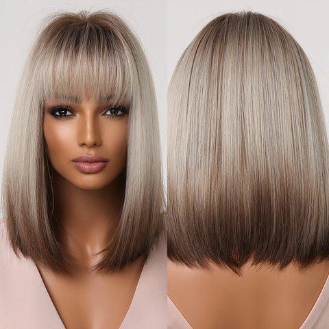 GEMMA Dark Brown BoBo Synthetic Wig with Bangs Shoulder Length Straight Wig for Women Cosplay Daily Hair Wig Heat Resistant Fibr