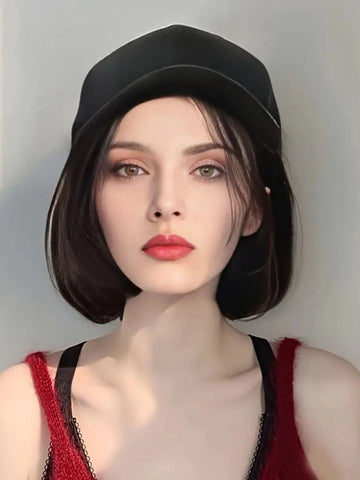 Hat Wigs Synthetic Short Bob Straight Wig With Black Baseball Cap Adjustable Hat Wigs Straight Hair Extensions For Women Fashion