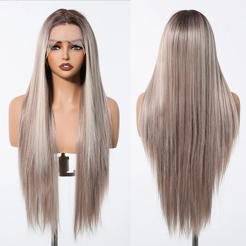 Long Straight Afro 13*6  Transparent Lace Frontal Synthetic Wigs Preplucked Brown Blonde Highlight Mixed Wig for Black Women Wig