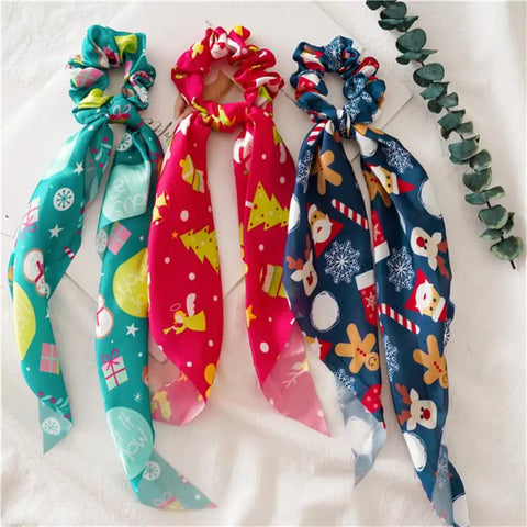 Santa Claus Bows Hair Scrunchies Long ribbon Ponytail Scarf Hair Tie Women Girls Elastic Hair Bands Christmas Hair Accessories