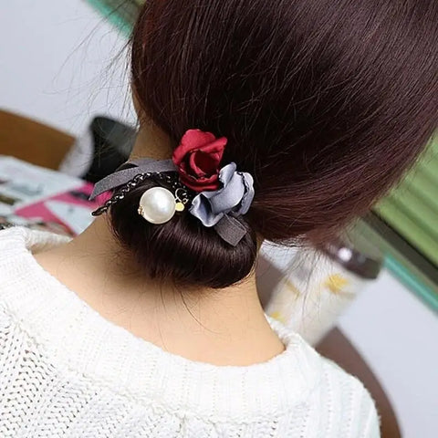 Women Elegant Flower Big Pearls Hair Curls Bun DIY Hair Style Donut Maker Ribbon Lady Fashion Hair Making Tool Accessories