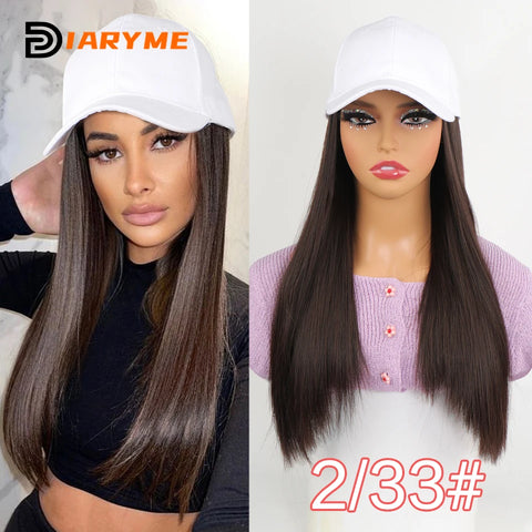 Baseball cap wig Synthetic Wigs With White Black Hat Long Straight Hair Wigs For Women connect Hat One Piece Wig Hat adjustable