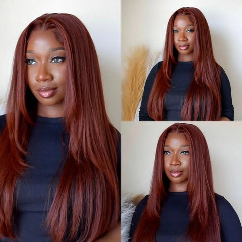 Reddish Brown Straight Layered Lace Front Wigs For Women Copper Red Pre Plucked Lace Frontal Wig Layers Glueless Synthetic Wig