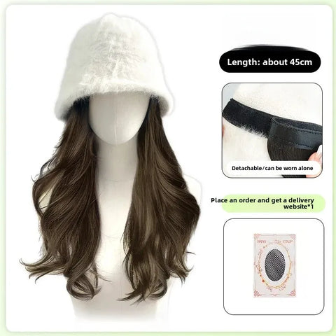 Women's Long Hair Wig Hat Integrated Natural Real Human Hair Fashion Autumn Winter Fisherman Cap Full Head Cover