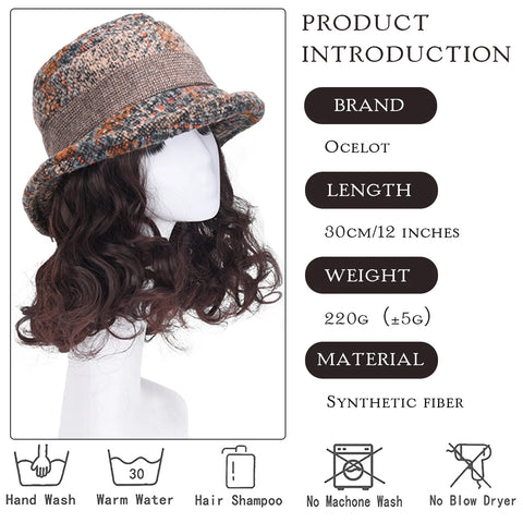 Ocelot Synthetic fisherman hat lazy wig hat woman short curly bow mother wig hat hair extension brown black heat-resistant