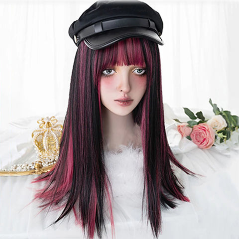 FOELISEE Synthetic 23inch Wig With Bangs Long Straight Black Highlight Red Wig For Women Cosplay Party Christmas Wig