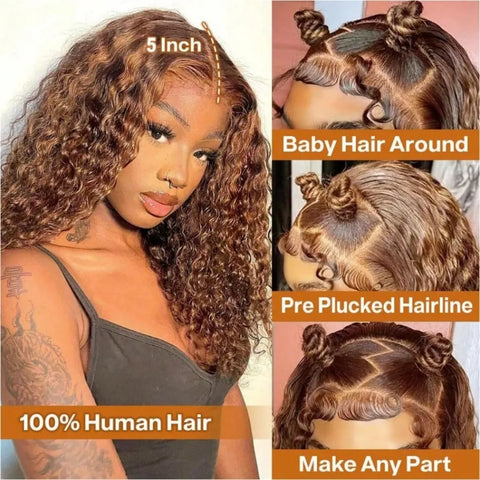 Highlight Ombre Bob Wig Human Hair 100% 5X5 Hd Lace Closure Wig Curly Short Honey Blonde Colored Glueless Deep Wave Frontal Wigs