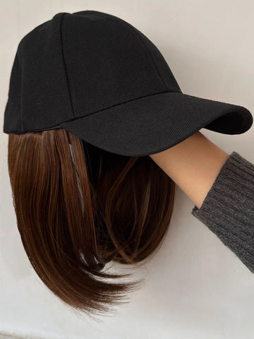 Hat Wigs Synthetic Short Bob Straight Wig With Black Baseball Cap Adjustable Hat Wigs Straight Hair Extensions For Women Fashion