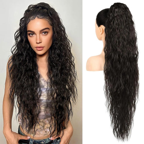 36 inch Drawstring Ponytail Extension Synthetic Black Long Lightweight Full Natural Curly Fake Tail Multi Layered Hairpiece