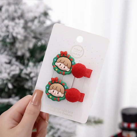 2Pcs/Set Christmas Baby Girls Hair Clips Ribbon Flower Tree Snowflake Resin Hair Bows Xmas Dance Party Hairpins Hairgrips