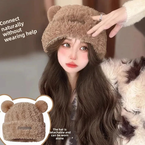 Women's Integrated Long Hair Wig Hat Autumn Winter New Popular Bear Ear Cap Full Head Cover Natural Looking Fiber Hair Extension