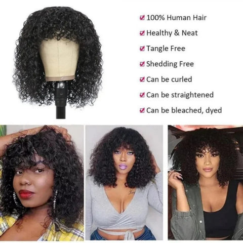 Water Wave Human Hair Wigs For Women Glueless Short Kinky Curly Bob Wig With Bangs Perruque Cheveux Humain Full Machine Made Wig