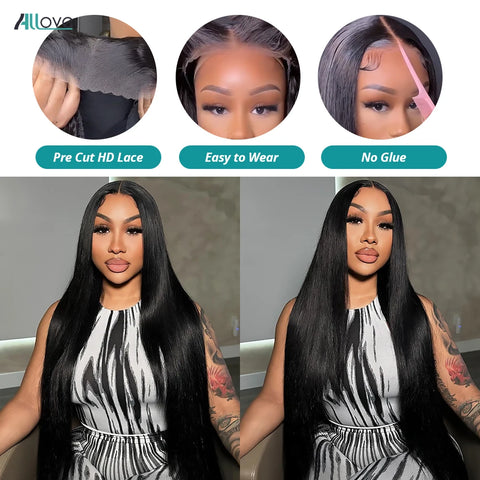 Allove 7X6 Real Glueless Straight Lace Front Wig Ready To Go Natural Color Brazilian 100% Human Hair Easy For Women