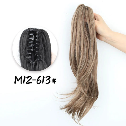 Synthetic Claw Clip Ponytail 18Inch Long Wavy Black Brown Heat Resistant Type Layered Horse Tail  Hair Extension