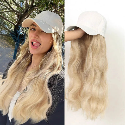 Baseball Cap with Hair Extensions Synthetic 22inch Straight Hairstyle Adjustable Wig Hat Attached Hairpiece for Woman Girl