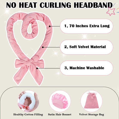 No Heat Overnight Curl Headband, 70" Soft Wave Hair Rollers for Long Hair, 9 PCS Hair Curling Rods Gift Set - Pink