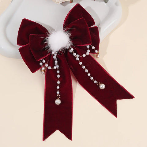 Elegant Red Bow Hair Accessories Sweet Faux Pearls Pendant Hair Clips Ponytail Barrette For Women Girls Fall＆Winter Hedwear