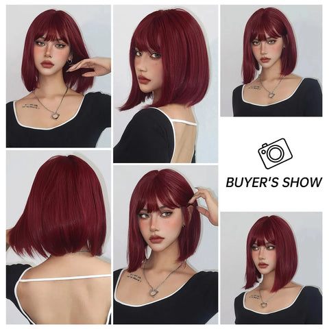 Short Bob Burgundy Straight Synthetic Wig with Bangs Wine Red Fake Hair for Cosplay Women Party Daily Use Heat Resistant Wigs