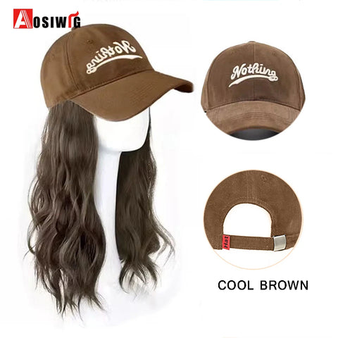 Long Wavy Synthetic Wig Baseball Rice White Cap With Hair Extensions Hat Wigs Natural Black Connect Wig Adjustable For Women