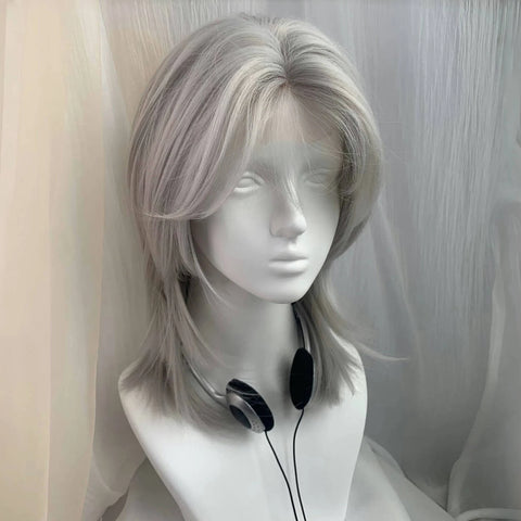 Lolita Synthetic Wig Forehead Lace Wolf Tail Short Curly Hair silver grey Layering Daily Fluffy Wig Full Head Unisex Daily Hallo