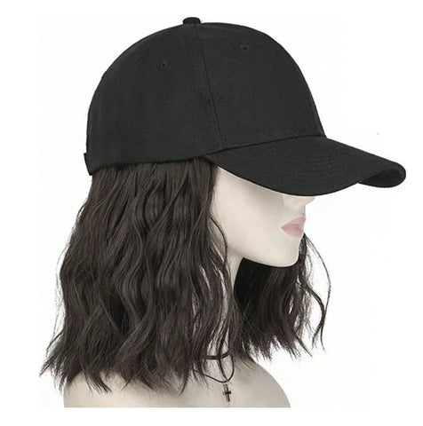Hat Wig for Women, Short Wave Baseball Cap Wig with Curly Synthetic Hair Extensions, Adjustable Brown Black Baseball Hat Wig