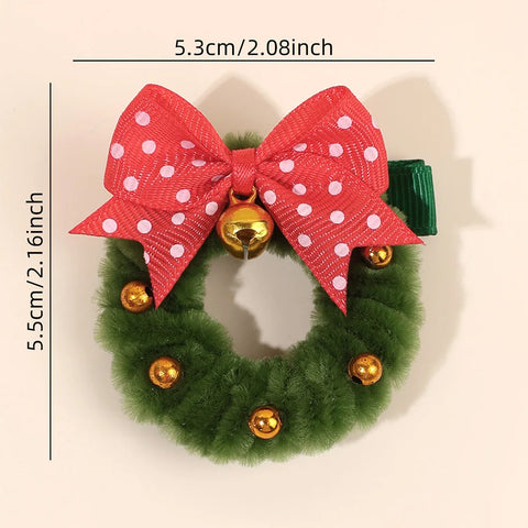 2Pcs Christmas Wreath Hair Clips With Bell Polka Dot Bow Hairpins Fluffy Barrette For Girls Christmas New Year Hair Accessories