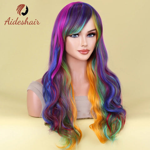 Aideshair Cosplay Wig Christmas Purple Half Pink Synthetic hair Wigs with Bangs for Black White Woman Heat