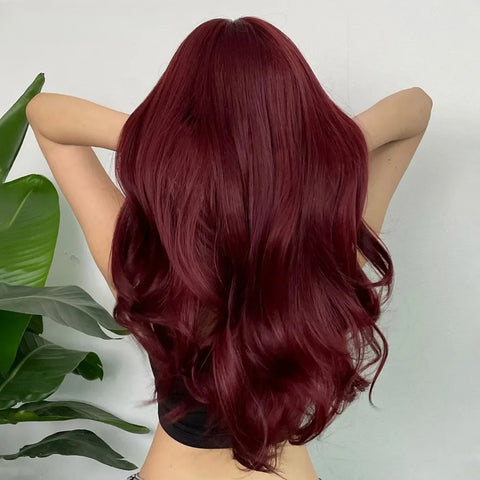 Synthetic Burgundy Long Wavy Wig Wine Red Colorful Cosplay Lolita Wigs with Bangs for Women Afro Natural Hair Heat Resistant