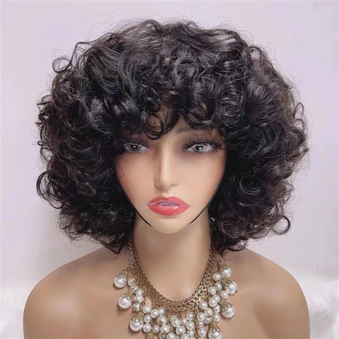 Fumi Curly Human Hair Wigs Fringe Wig Pixie Cut Rose Curly Cheap Full Machine Wigs Egg Curl Short Bob Wig With Bangs 300 Density