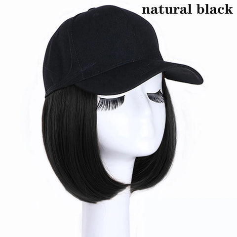 Black Baseball Cap with Hair Extensions Synthetic Straight Short Bob Hairstyle Adjustable Hat Wig for Women Girl Ash Blonde