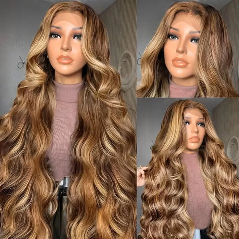 220% Density Lace Front Wigs Human Hair Body Wave P4/27 Highlight 13x4 13x6 HD Lace Frontal Colored 30 36 Inch Human wig