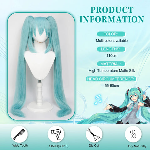 Hatsune Miku Anime Cosplay Wig, 110cm Double Ponytail Synthetic Fiber Wig, Halloween, Christmas