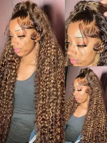 250 Density 30 40 Inch Highlight Ombre Deep Wave HD Lace Front Wig Colored Curly Human Hair Wig 13x6 Lace Frontal Wigs For Women