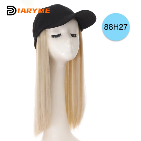 Baseball cap wig Synthetic Wigs With White Black Hat Long Straight Hair Wigs For Women connect Hat One Piece Wig Hat adjustable