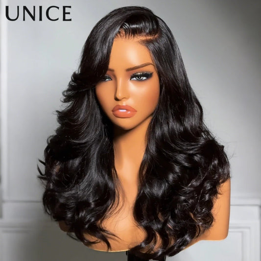UNICE 200% Density Layered Cut Left Side Part Wavy Wig With Secure Silicone Strips & Drawstring Pre Cut 7x5 Lace Glueless Wig
