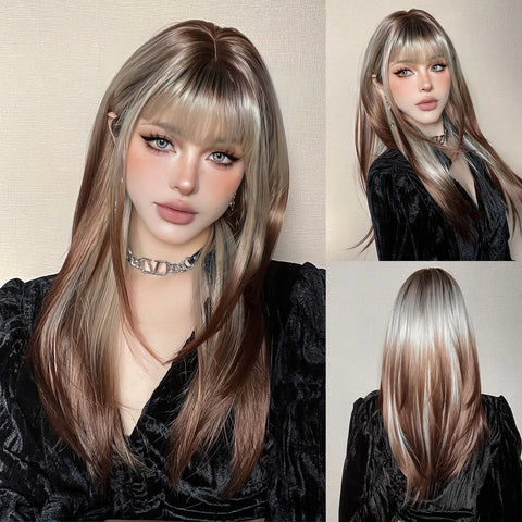 Straight Layered Synthetic Wigs Purple Black Ombre Wig with Bangs Middle Length Colored Cosplay Wig for Women Heat Resistant Wig