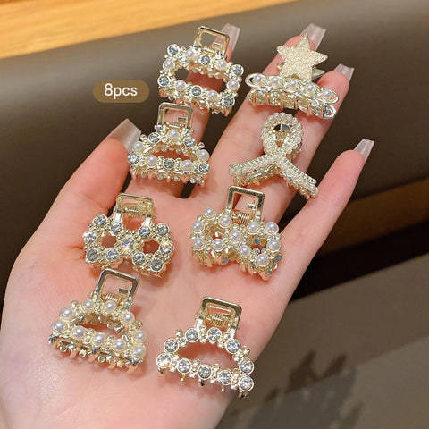 8 alloy rhinestone imitation pearl small hair claws, fashionable and sweet style hair clips suitable for daily use as hair acces